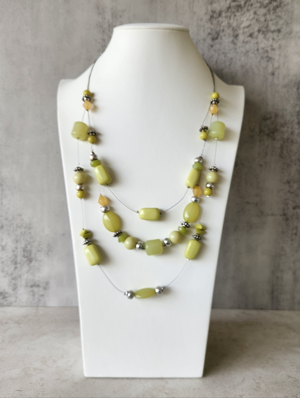 Chico's Light Green Multi Strand Resin Beaded Silver Tone Necklace 24"